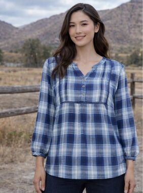 Wrangler Blue Plaid Boho Peasant Western Top V Neck Embroidered Flowy Blouse XL